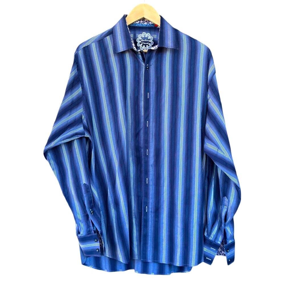 LUCHIANO VISCONTI Men’s Large Navy w/ Blue Stripe Shirt Embroidered Logo & Cuffs